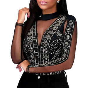 Women's Long  Sleeves Stretchy Sheer Mesh Black Bodysuit Jumpsuit Body Suit Top